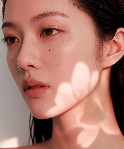 광고 모델 — 옆을 바라보는 여성의 얼굴, 볼에 드리운 꽃 그림자