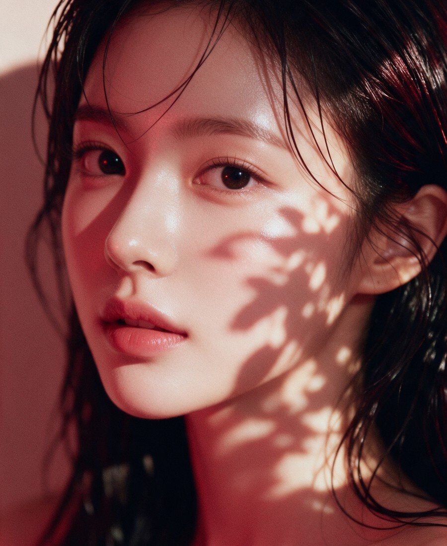 중안면 — 볼에 나뭇잎 그림자가 드리운 여성 얼굴(광고 모델)