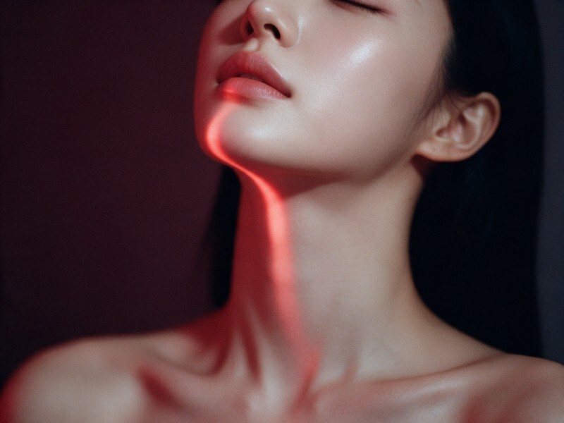 03 LOWER FACE 하안면 리프팅 — 고개를 든 여성의 턱·목선(광고 모델)