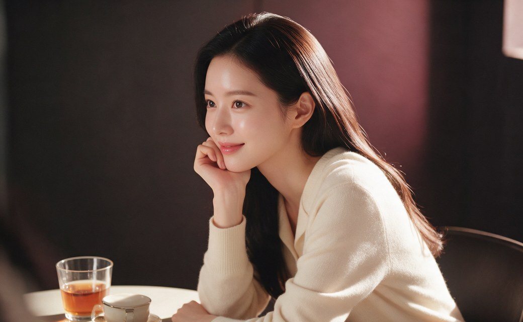 결과보다 먼저 듣는 이유 — 찻잔 앞에서 턱을 괴고 미소 짓는 여성(광고 모델)