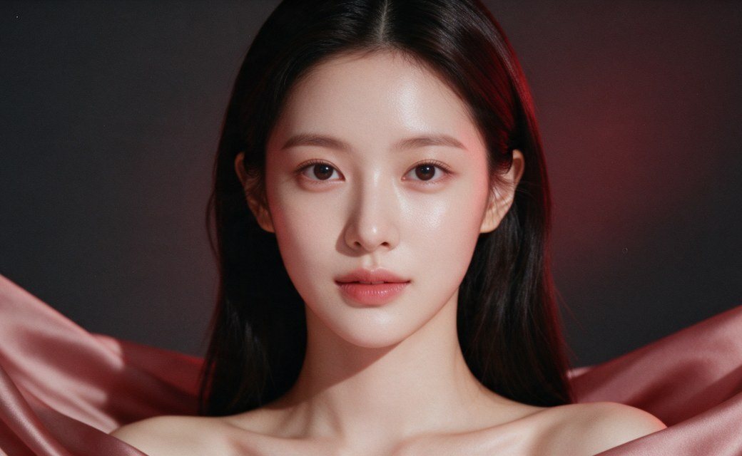 정해진 아름다움보다 당신의 균형 — 분홍 비단을 두른 여성 정면(광고 모델)