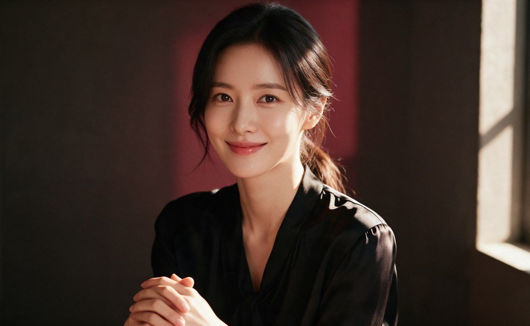 한계까지 솔직하게 말씀드리는 상담 — 검은 블라우스 차림으로 손을 모으고 미소 짓는 여성(광고 모델)