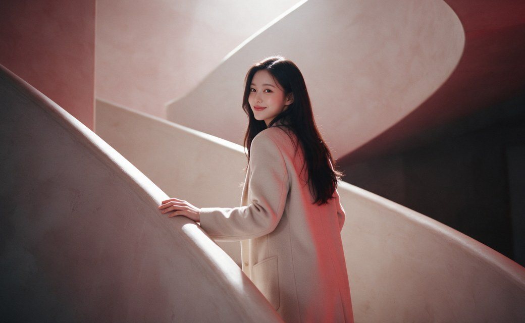 상담부터 수술까지 한 공간에서 — 곡선 계단을 오르며 돌아보는 코트 차림 여성(광고 모델)